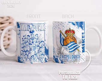 Real Sociedad Txapeldunak Taza de cerámica personalizada con nombre, Capacidad 325ml, Regalo para los fans del futbol, txuri-urdin