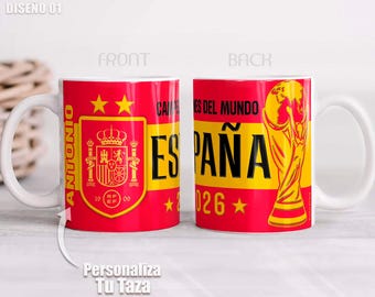 España Campeon del Mundo, Taza de cerámica personalizada con nombre, Capacidad 325ml, Regalo para los fans del futbol, La Roja