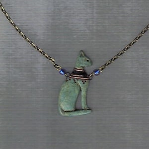 Ancient Egyptian Bastet amulet necklace in antique greenish blue color - faience Seated Cat Goddess with gold collar