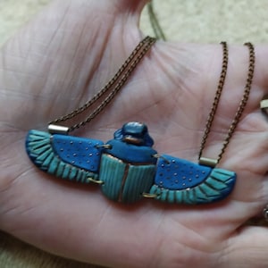 Egyptian Winged scarab amulet necklace in cobalt blue, black and green color - faience Kheper pectoral with gold luster