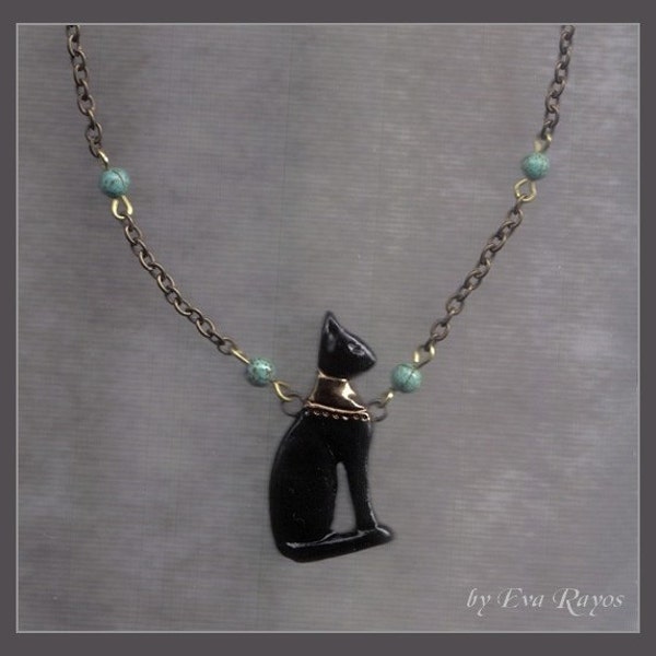 Ancient Egyptian Bastet necklace in turquoise, Nile green, sand color or in black  - Seated Cat Goddess - Dea Egiziana Bastet