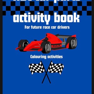 May include: A blue activity book cover with the text "ABC car parts activity book" and "For future race car drivers." It features a red race car and checkered flags. The book is for colouring activities.