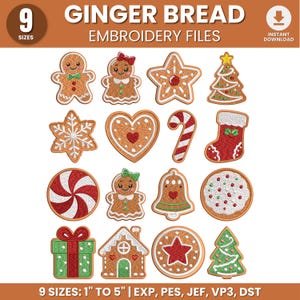 Puede incluir: Una colección de dieciséis diseños de bordado con temática de pan de jengibre que incluye personas de jengibre, estrellas, un árbol de Navidad, un copo de nieve, un corazón, un bastón de caramelo, un calcetín, una menta, una campana, un regalo y una casa.