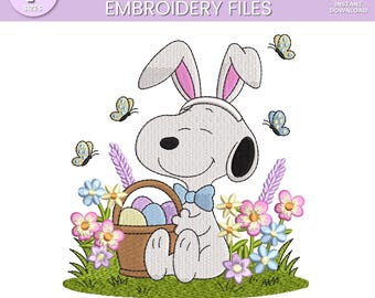 Puede incluir: Un diseño de archivo de bordado con Snoopy disfrazado de Conejo de Pascua, sosteniendo una canasta de huevos de Pascua. El diseño incluye flores y mariposas coloridas. El texto dice "EASTER SNOOPY DOG EMBROIDERY FILES".