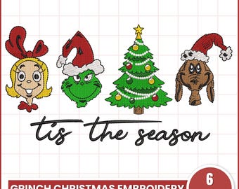 Grinch Christmas Embroidery Design, Tis the Season Machine Embroidery, Cartoon Characters embroidery design, Dog & Girl Christmas Embroidery