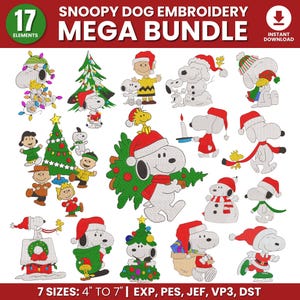 May include: A digital embroidery mega bundle featuring Snoopy Dog in various Christmas-themed designs. The collection includes 17 elements, with Snoopy wearing Santa hats, carrying Christmas trees, and surrounded by holiday decorations. The designs are available in 7 sizes, ranging from 4 to 7 inches.