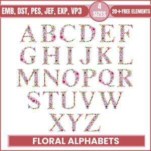 Floral Font Embroidery, A-Z Full Flower Alphabet Machine Embroidery Designs, Uppercase Letters, PES DST etc - 4 sizes - Instant Download