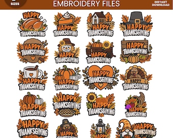Thanksgiving Embroidery Design Bundle, Happy Thanksgiving Machine Embroidery Files, Turkey Pumpkin Fall Embroidery, 7 Sizes 5 Formats