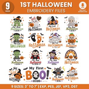 Può includere: Una collezione di 16 disegni per ricamo digitale a tema Halloween con fantasmi, zucche, pipistrelli e personaggi, con il testo My First Halloween e My First Boo, disponibili in 9 dimensioni da 7,6 a 17,8 cm.
