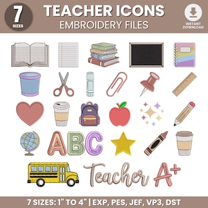 Puede incluir: Una colección de diseños de bordado digital con iconos temáticos de maestros, que incluyen un libro abierto, una pila de libros, una pizarra, un cuaderno, tijeras, pegamento en barra, un clip, una chincheta, una regla, un corazón, una taza de café, una mochila, una manzana, un lápiz, un globo terráqueo, las letras ABC, una estrella, un crayón y un autobús escolar amarillo.