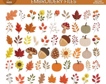 Autumn Mini Icons Embroidery Design Bundle, Fall Pumpkin Leaf Machine Embroidery File, Cozy Digital File