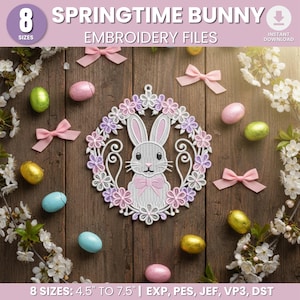 May include: An embroidery file design featuring a springtime bunny surrounded by a floral wreath. The design is displayed with Easter eggs and pink bows on a wooden background. The design is available in 8 sizes, ranging from 4.5 to 7.5 inches.