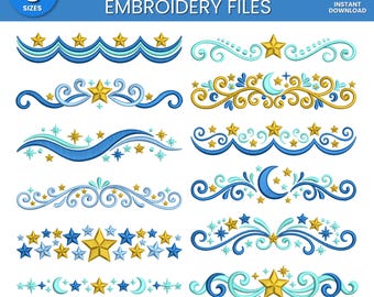 Star and Moon Borders Embroidery Design, Celestial Moon Star Border Embroidery 9 Sizes Digital Download