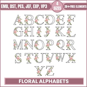 Floral Font Embroidery, A-Z Full Flower Alphabet Machine Embroidery Designs, Uppercase Letters, 4 sizes, Instant Download