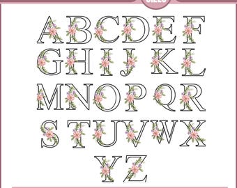 Floral Font Embroidery, A-Z Full Flower Alphabet Machine Embroidery Designs, Uppercase Letters, 4 sizes, Instant Download