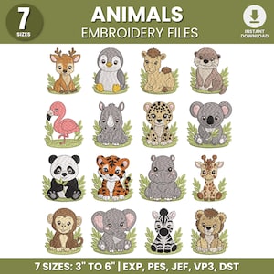 Puede incluir: Una colección digital de 16 diseños de animales bordados que incluye ciervo, pingüino, camello, nutria, flamenco, rinoceronte, leopardo, koala, panda, tigre, hipopótamo, jirafa, mono, elefante, cebra y león, con el texto ANIMALS EMBROIDERY FILES.