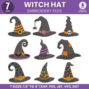 Könnte beinhalten: Eine digitale Sammlung von neun verschiedenen Hexenhut-Stickmustern mit Verzierungen wie Spinnen, Totenköpfen, Fledermäusen, Sternen, Monden und Flicken. Der Text lautet Witch Hat Embroidery Files, 7 Größen, 3,8 cm bis 10,2 cm.