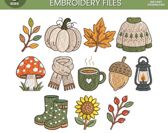 Mini Autumn Embroidery Design Bundle, Fall Girl Icon Embroidery Files, Cozy Bookish Coffee Icons, Machine Embroidery, Instant Download