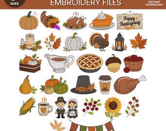Thanksgiving Embroidery Design Bundle 30 Designs, Fall Autumn Machine Embroidery, Cute Turkey Pumpkin Harvest Icons, 7 Size Jef DST PES