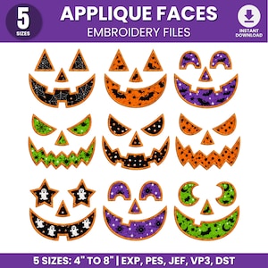May include: A digital collection of nine Halloween jack-o'-lantern face designs for embroidery, featuring various patterns like spiderwebs, bats, stars, and ghosts in orange, black, purple, and green. Text includes 5 SIZES APPLIQUE FACES EMBROIDERY FILES.