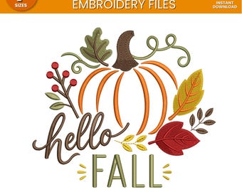 Hello Fall Pumpkin Embroidery Design – Autumn Leaf Machine Embroidery Pattern