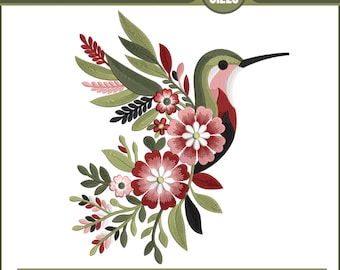 May include: A colorful hummingbird embroidery design with red, pink, and white flowers, green leaves, and the text "Hummingbird Embroidery." The design includes the text "EMB, DST, PES, JEF, EXP, VP3," "6 SIZES," and "20+ FREE ELEMENTS."