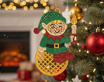 FSL Christmas Elf with Lantern Lace Decoration. Machine Embroidery Designs. 4x4 Hoop. Instant Download. PES and Other Formats