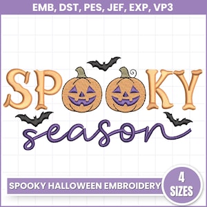 May include: An embroidered design with the words "SPOOKY season" in orange and purple, featuring two jack-o'-lanterns and bats. The text "SPOOKY HALLOWEEN EMBROIDERY" is at the bottom, with "4 SIZES" in a circle.