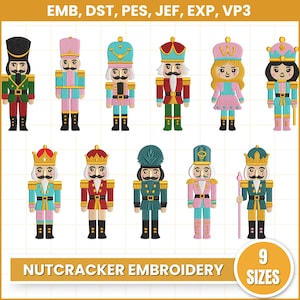 Puede incluir: Una colección de diseños de bordado de cascanueces coloridos. Los diseños presentan varias figuras de cascanueces en diferentes uniformes y estilos, con el texto "NUTCRACKER EMBROIDERY" y "9 SIZES". La imagen también incluye información sobre el tipo de archivo.