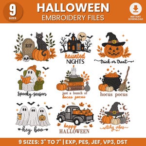 Peut inclure: Un ensemble de neuf motifs de broderie sur le thème d'Halloween comprenant un chat noir sur une citrouille, une maison hantée, une citrouille sculptée, un fantôme lisant, des livres de sorts, un chaudron, trois fantômes, un pick-up et des citrouilles.