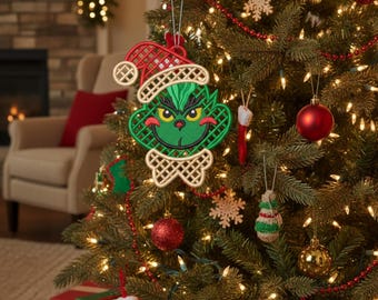 FSL Christmas Grinch Lace Ornament, Christmas Lace Embroidery Design, Machine Embroidery Design