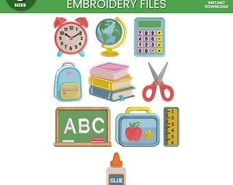 Back to School Supplies Embroidery Bundle SET OF 10 | Pencil Bow Crayon School Bus Books Scissors | Machine Embroidery