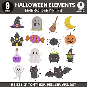 Mini Halloween Embroidery Designs, Halloween Set Embroidery, Cute mini ghost, Pumpkin, Bat, Witch, Candy Embroidery Design, Halloween Bundle