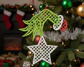 FSL Christmas Grinch Lace Ornament, Christmas Lace Embroidery Design, Machine Embroidery Design
