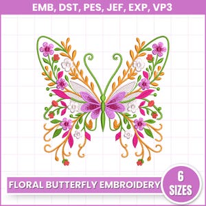 May include: A floral butterfly embroidery design with pink, purple, white, and gold accents. The design includes the text "FLORAL BUTTERFLY EMBROIDERY" and "6 SIZES". The design is suitable for embroidery projects.