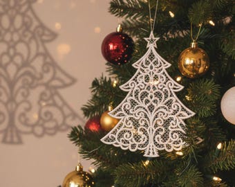 FSL Christmas Tree Ornament, Lace Holiday Tree Embroidery, Digital Download
