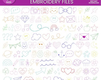 Tiny Doodle Embroidery Design Bundle, Mini Machine Embroidery Set, Small Cute Icons Hearts Stars Flowers, Girly Motifs PES DST