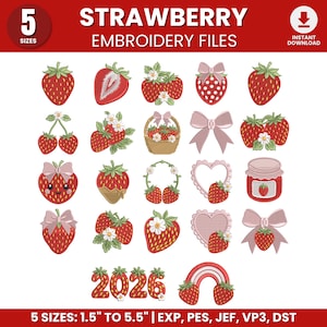 May include: A selection of strawberry embroidery designs, featuring whole and sliced strawberries, bows, a basket, and a jar of jam. The designs are available in 5 sizes, from 3.8 to 14 cm. The text "STRAWBERRY EMBROIDERY FILES" is displayed at the top.