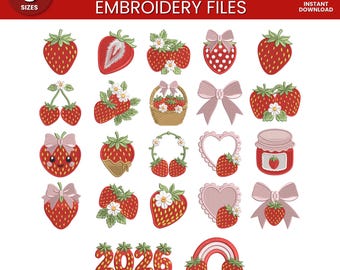 Strawberry Embroidery Design Bundle, Mini Strawberry Machine Embroidery (5 Sizes) (Digital Download)