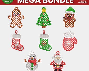 MEGA Set 8 pendientes navideños FSL diseño de bordado a máquina pendientes navideños FSL archivo de diseño de bordado a máquina de pendientes de invierno de año nuevo