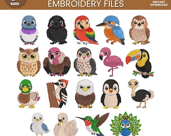 Bird Embroidery Designs Bundle - 19 Colorful Machine Embroidery Files 7 Sizes