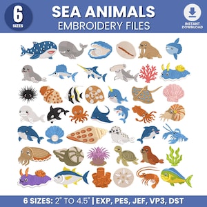Könnte beinhalten: Eine Sammlung farbenfroher Stickdateien mit verschiedenen Meerestieren, darunter ein Walhai, ein Delfin, ein Oktopus und eine Meeresschildkröte. Die Designs haben eine Größe von 5,08 cm bis 11,43 cm. Der Text lautet "SEA ANIMALS EMBROIDERY FILES".