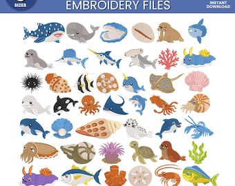 Sea Animals Embroidery Bundle, Ocean Animal Designs, Cute Marine Life Stitch Files, Kids Sea Animal Embroidery