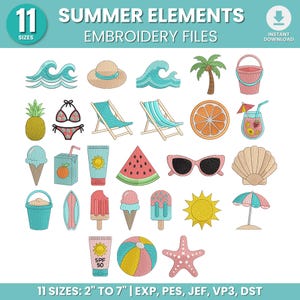 Può includere: Una collezione di disegni per ricamo a tema estivo con icone come onde, cappello da sole, palma, secchiello da spiaggia, ananas, bikini, sedie a sdraio, fetta d'arancia, bevanda, gelato, crema solare, anguria, occhiali da sole, conchiglia e stella marina.