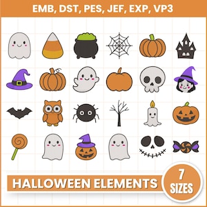 Può includere: Una collezione di disegni per ricamo a tema Halloween. L'immagine presenta vari elementi come fantasmi, zucche, un teschio, una strega, un ragno e caramelle a forma di pannocchia. Il testo "HALLOWEEN ELEMENTS" è visualizzato in basso.