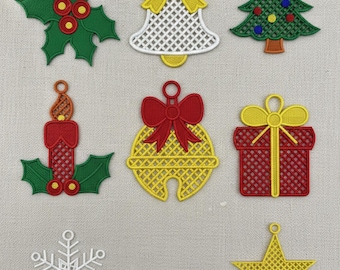 MEGA Set 8 FSL Christmas machine embroidery design, Free Standing Lace Xmas Ornaments Set, FSL Christmas Ornament Embroidery Designs