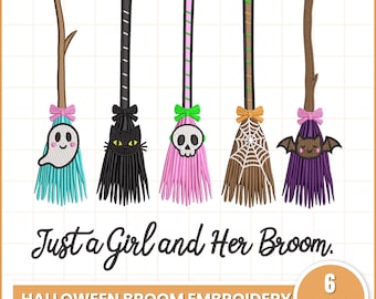 Witch Brooms Embroidery File, Cute Coquette Bow Broomstick Digital File, Spooky Girl Witchcraft
