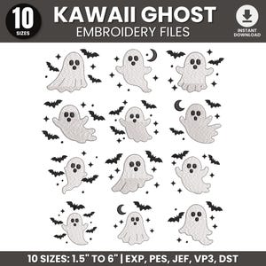 May include: A collection of 12 digital embroidery designs featuring white ghosts, black bats, stars, and crescent moons. The text reads 10 KAWAII GHOST EMBROIDERY FILES and 10 SIZES: 1.5" TO 6" | EXP, PES, JEF, VP3, DST. The ghosts have simple black eyes.