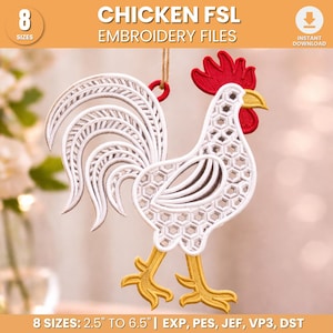May include: White chicken embroidery file with red comb and yellow beak and feet. The design features a honeycomb pattern and is available in 8 sizes, ranging from 2.5 to 6.5 inches. The text "CHICKEN FSL EMBROIDERY FILES" is displayed.