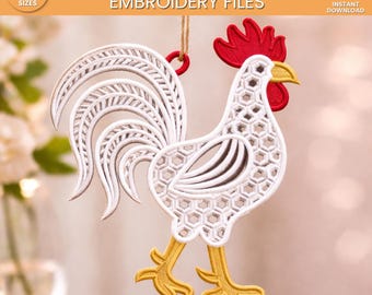 chicken Embroidered Ornament, Machine embroidery design, chicken Fsl ornament, Free Standing Lace 8 Sizes, Digital Download